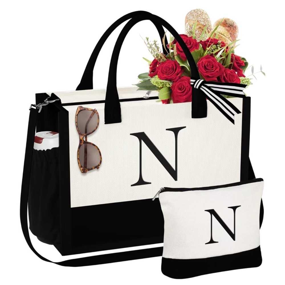 New: “N” Initial Canvas Tote Bag & Makeup Bag